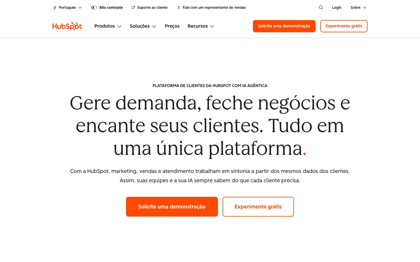 Página inicial do site oficial HubSpot