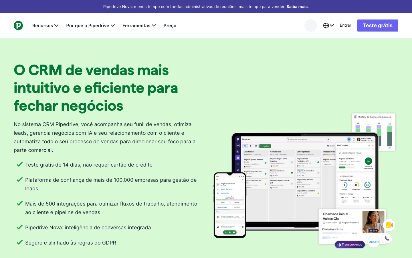 Página inicial do site oficial Pipedrive