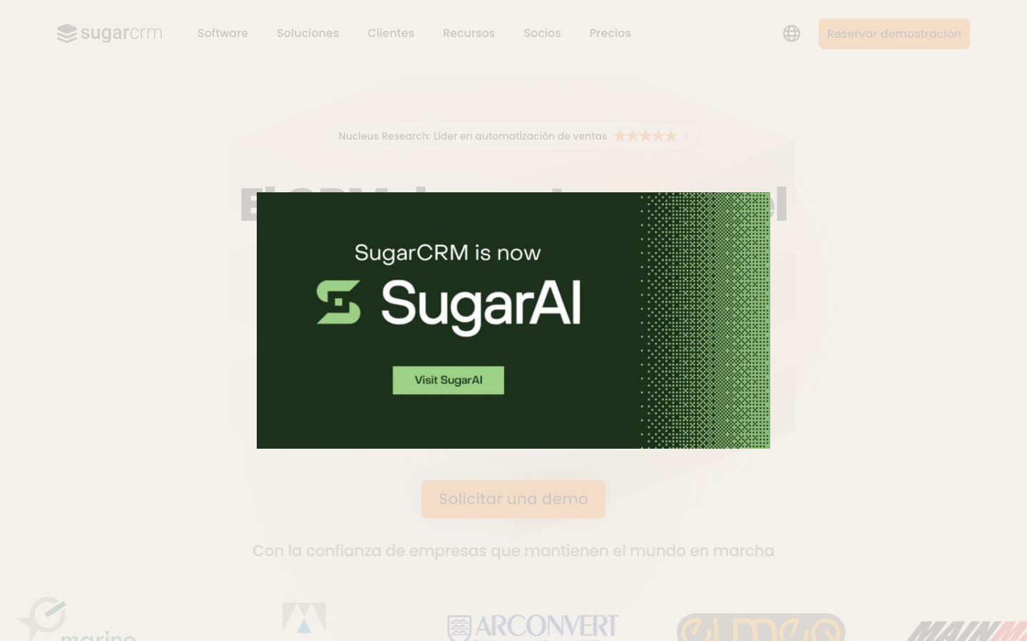 Página inicial do site oficial SugarCRM