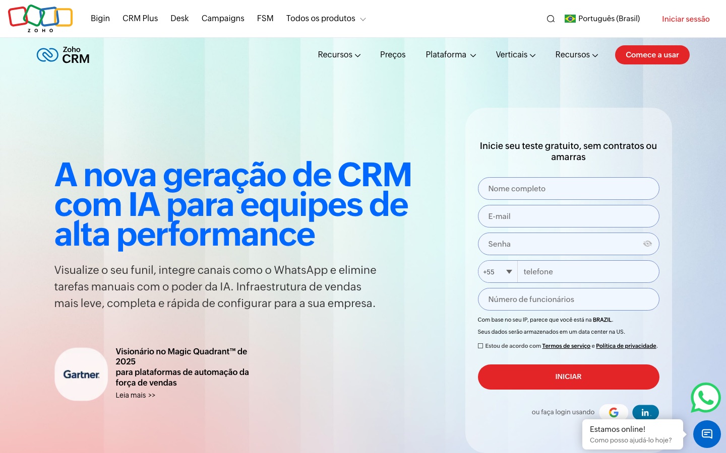 Página inicial do site oficial Zoho CRM